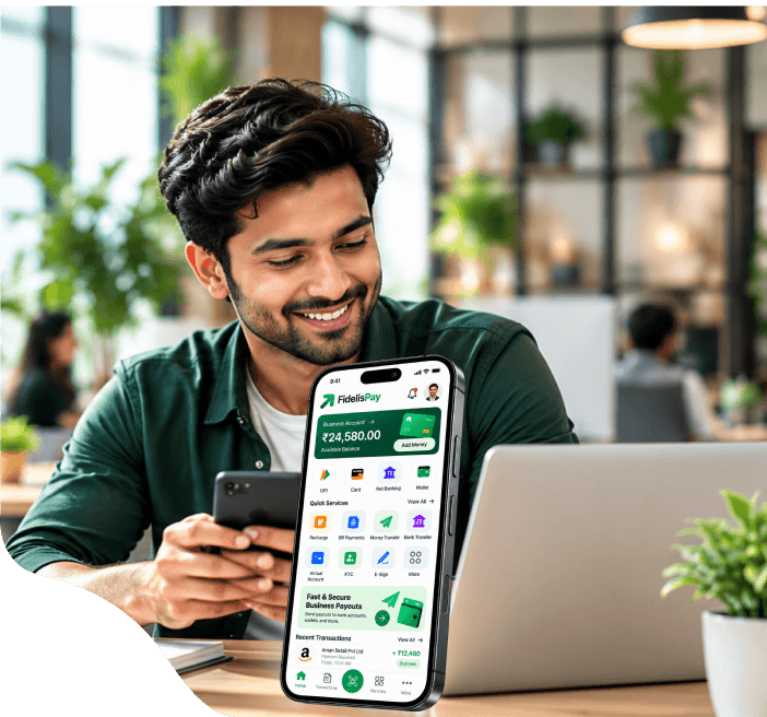 Business professional using digital payment technology in a modern workspace