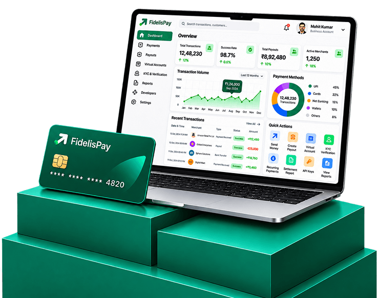 FidelisPay dashboard on a laptop with a FidelisPay card in front