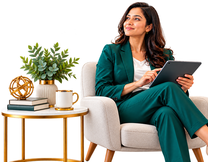 Business owner in a teal suit using a tablet in an armchair