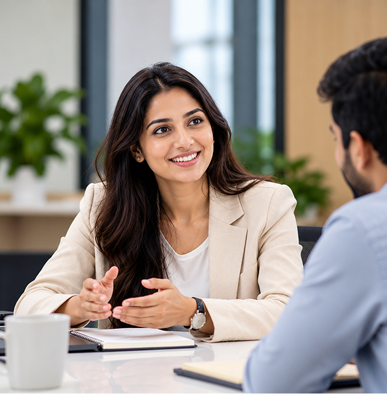 Business professionals in conversation around a meeting table